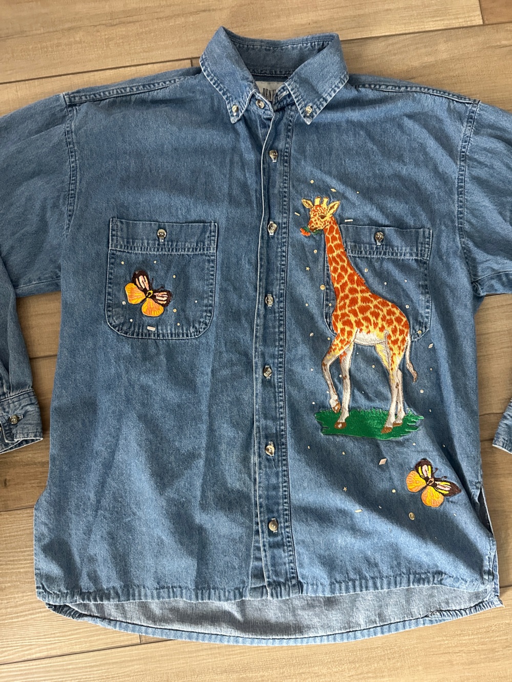 Vintage Express Denim Chambray Button Up with Giraffe and Butterfly Applique